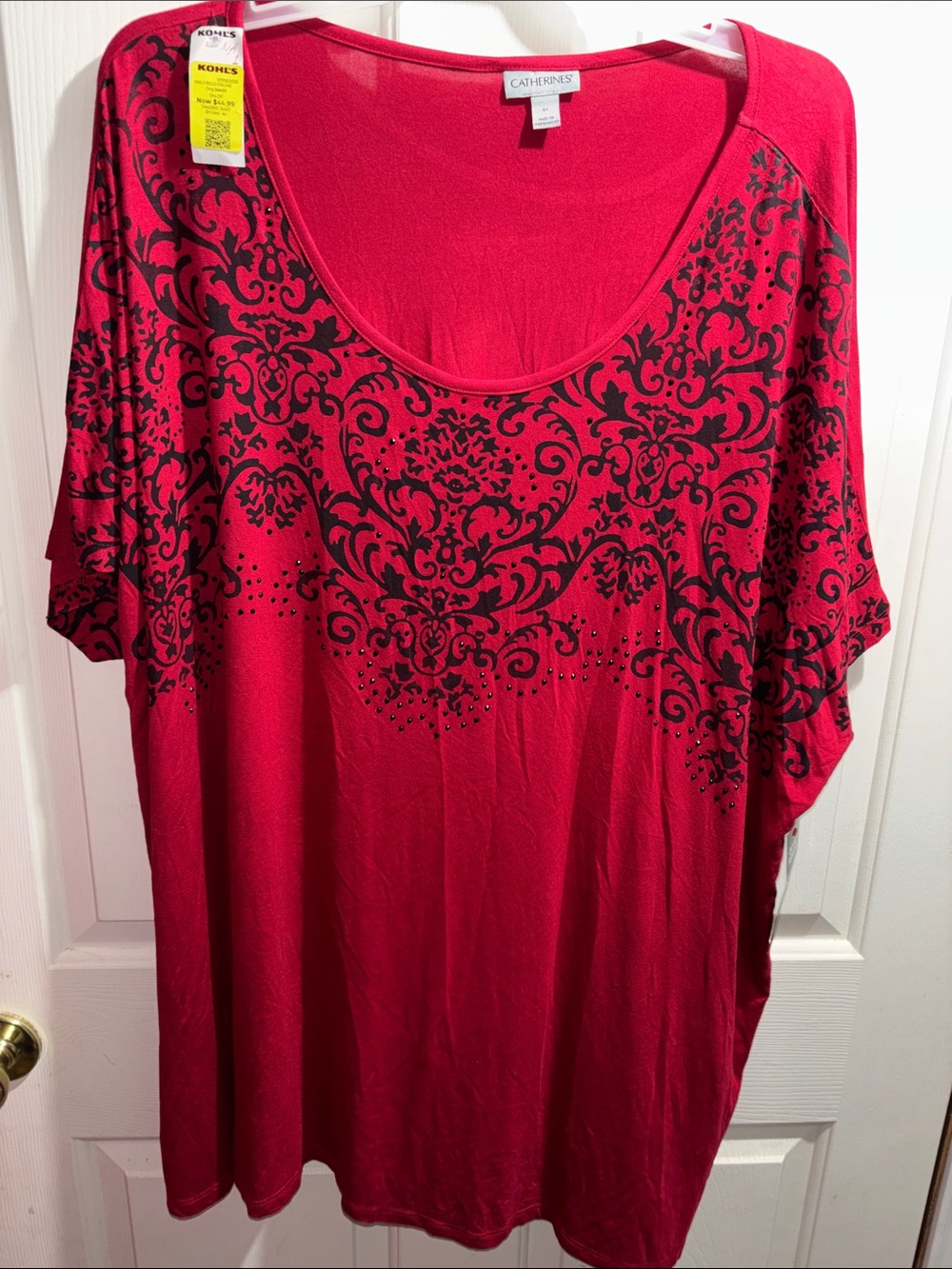 Catherines Red Scoop Neck Tunic with Black Damask Print size 4X